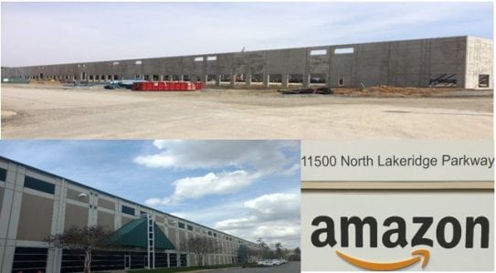 Grid of photos showing Amazon's Sorting Distribution Center building