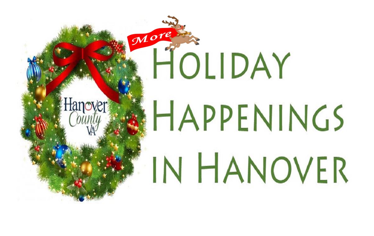 Christmas wreath and reindeer illustrations, with the words "Holiday happenings in Hanover"