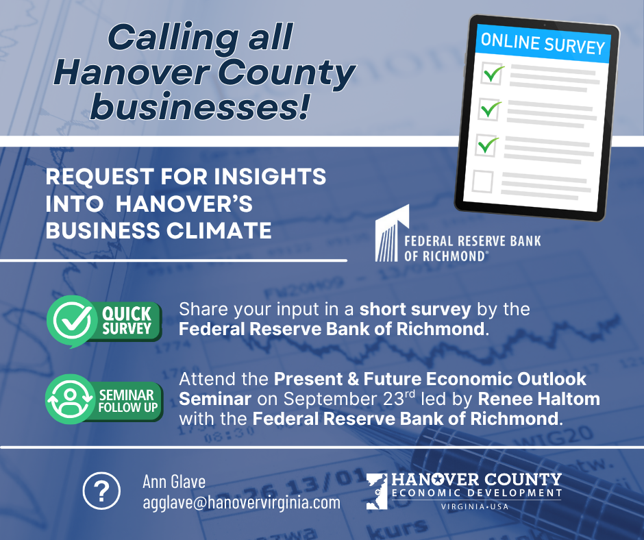 Picture of Renee Haltom, Federal Reserve Bank of Richmond. Renee will speak at the Present & Future Economic Outlook seminar on 9-23-25 at Richmond Times Dispatch. Hanover businesses are also invited to participate in a short survey administered by the Federal Reserve Bank.