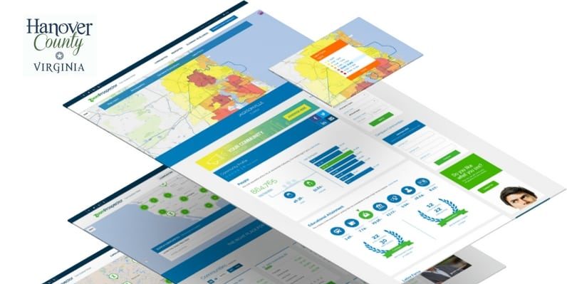 3D rendering of multiple website pages showing the design details of the Community Data Tool