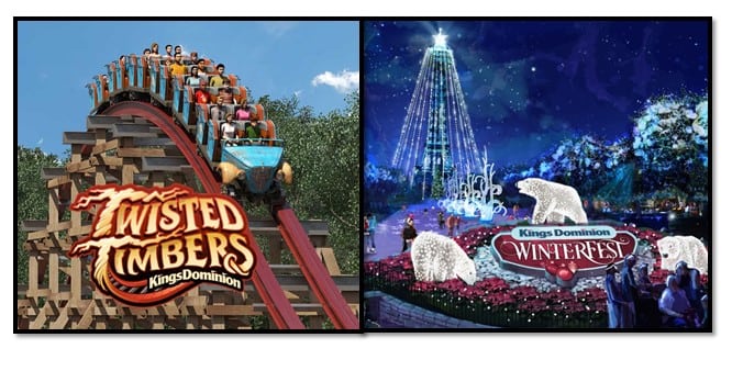 Kings Dominion Twister Timbers roller coaster and WinterFest with a giant Christmas tree and polar bears made of lights