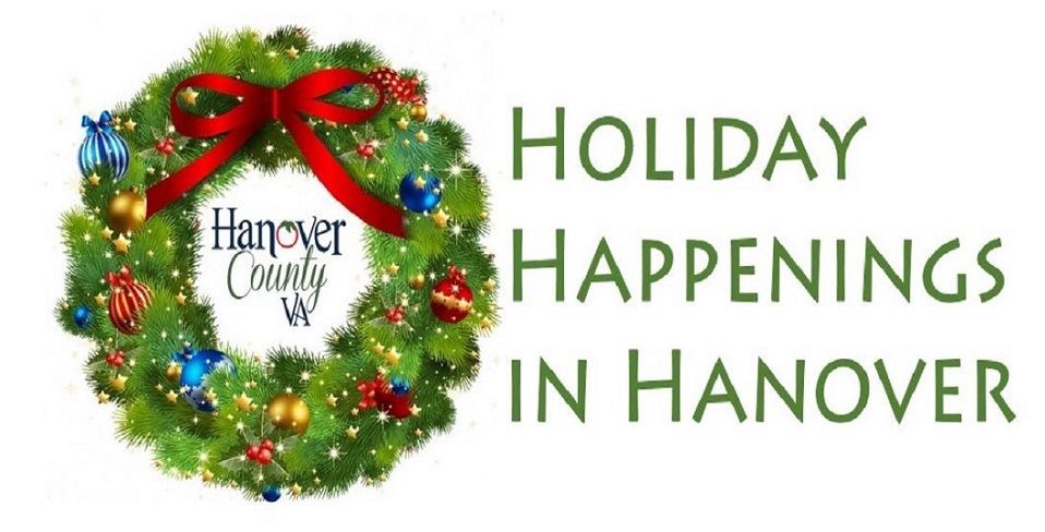 Christmas wreath illustration, with the words "Holiday happenings in Hanover"